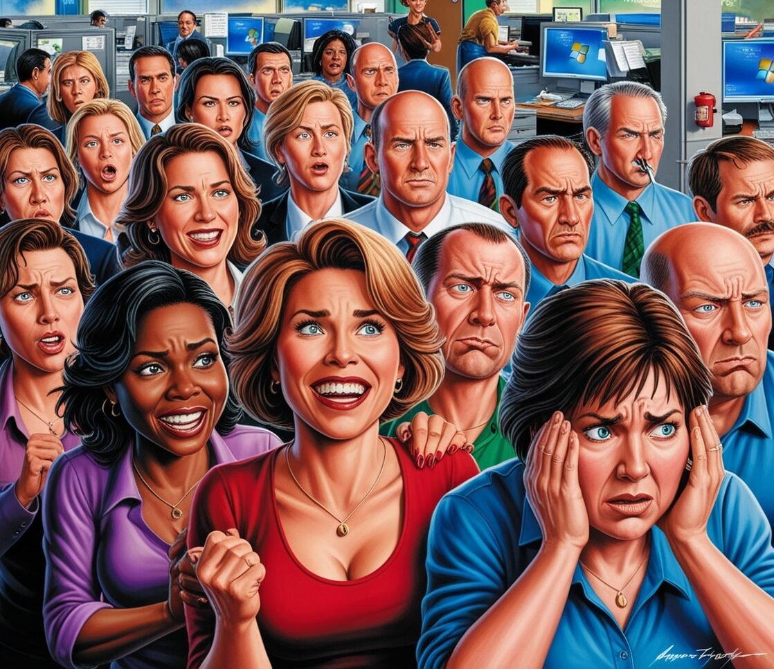 Illustration depicting a crowded Microsoft office during a major corporate shake-up. In the foreground, diverse executives, predominantly women in vibrant colors, display a range of emotions from shock to determination, mirroring reactions to recent DEI team disbandment. Behind them, mostly male executives in blue shirts appear stern or concerned, symbolizing the tension between diversity initiatives and changing business priorities. The scene captures the drama of Microsoft's decision to lay off its diversity team, with the company logo and text about firing executives visible above.