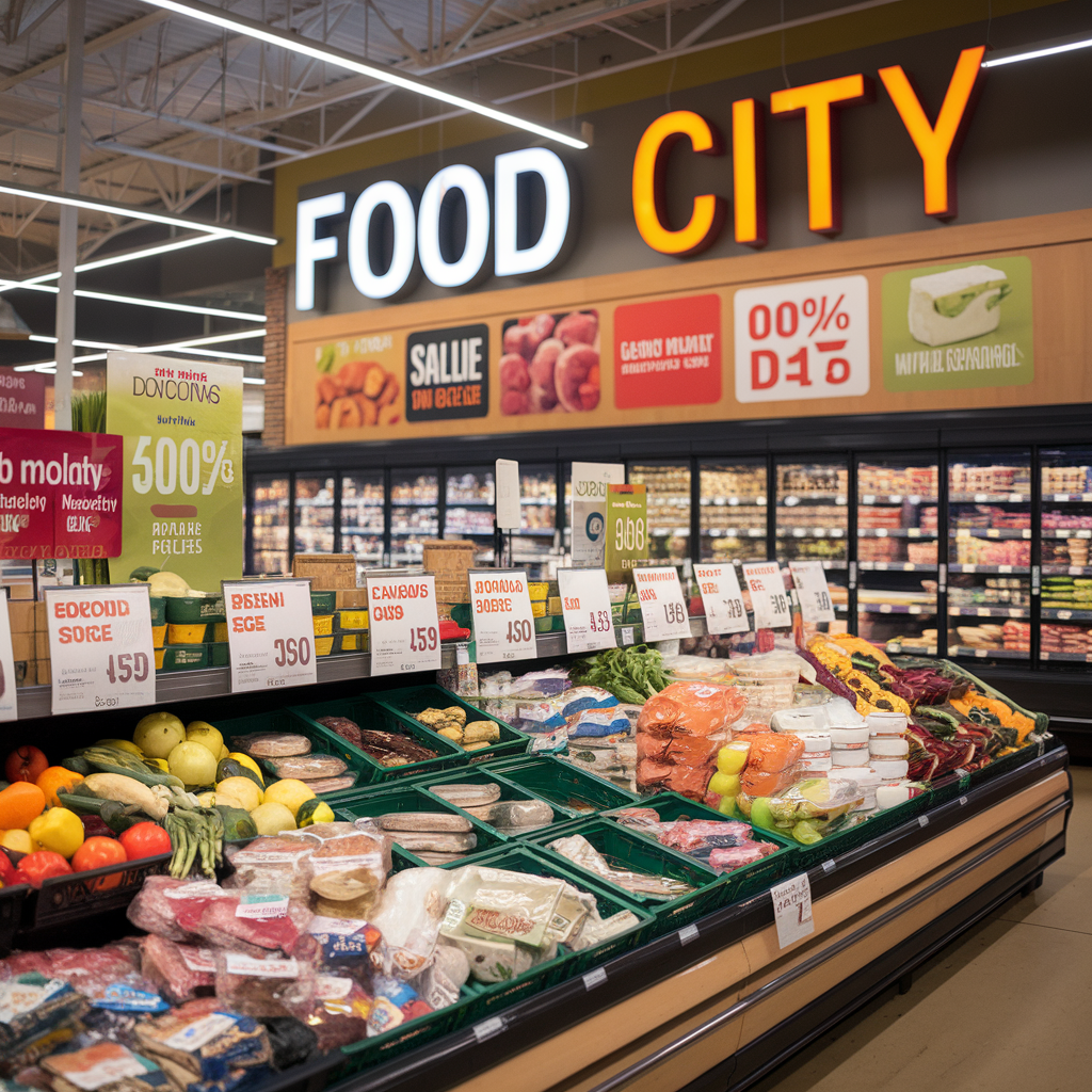 Interior of a Food City store showcasing a variety of products and promotions, highlighting the Food City Ad Next Week.