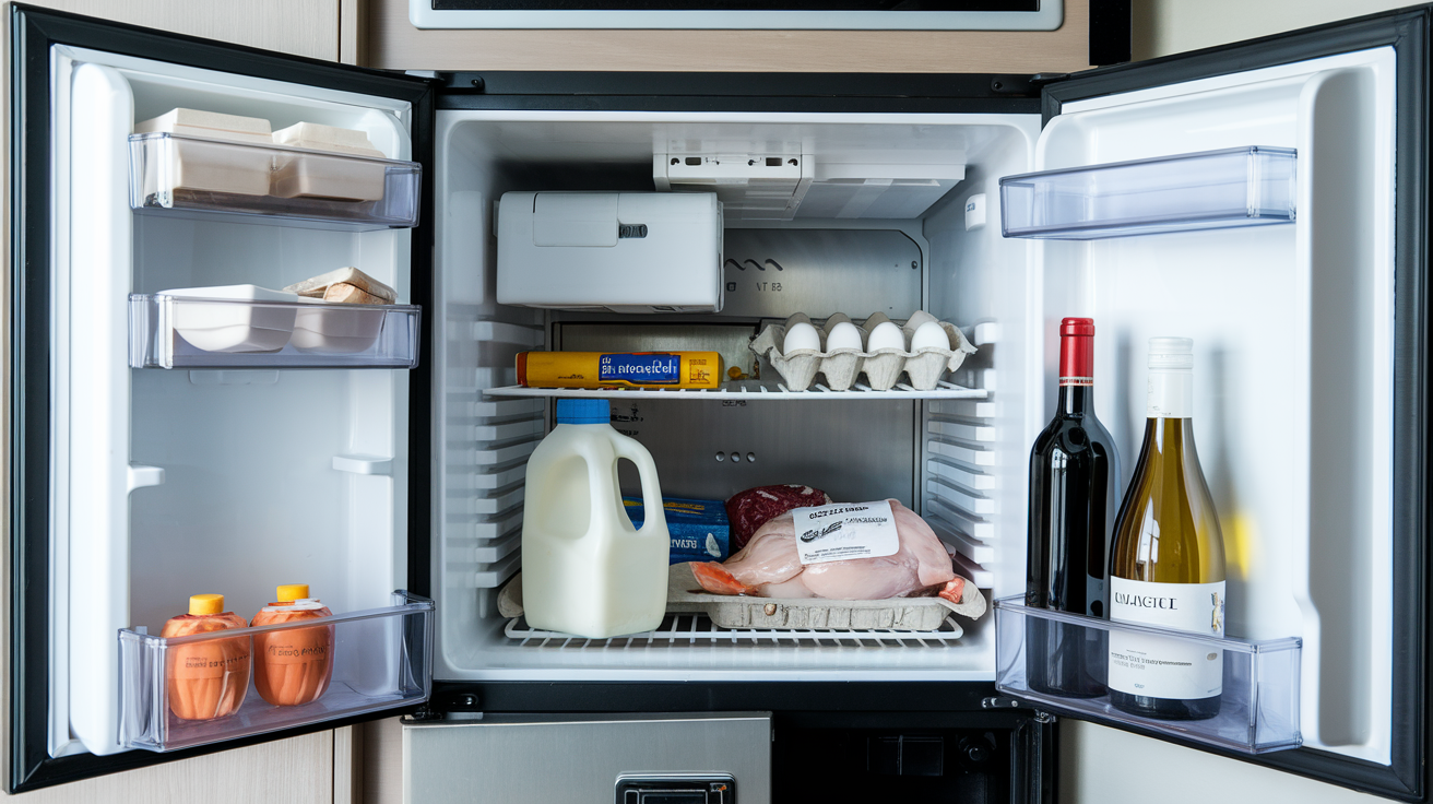 The interior of a stocked Recreational Vehicle Refrigerator, showing various food items including eggs, milk, chicken, wine, and butter.