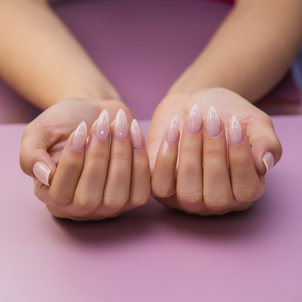 Hands with manicured nails featuring a glossy, light pink polish, shown on a purple surface at a nail care spa.