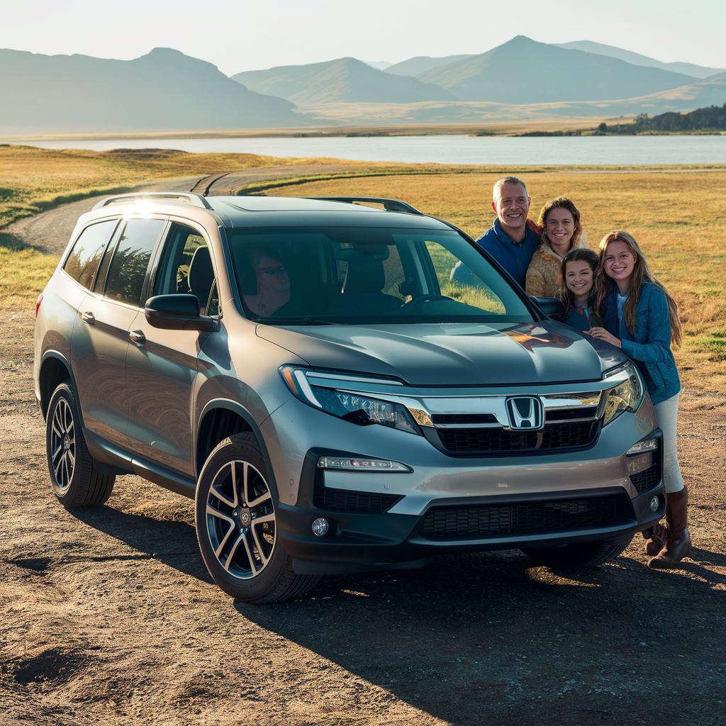 A family of four standing beside a silver Honda SUV, a 7 passenger vehicle, with a scenic lake and mountains in the background.