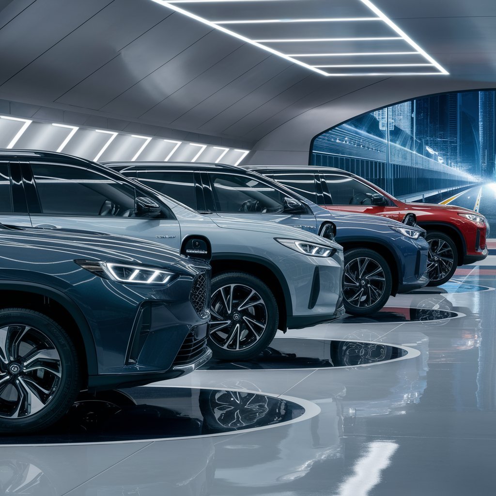 Lineup of sleek All Wheel Drive Hybrid Vehicles in a showroom, showcasing advanced electric capabilities and modern design.