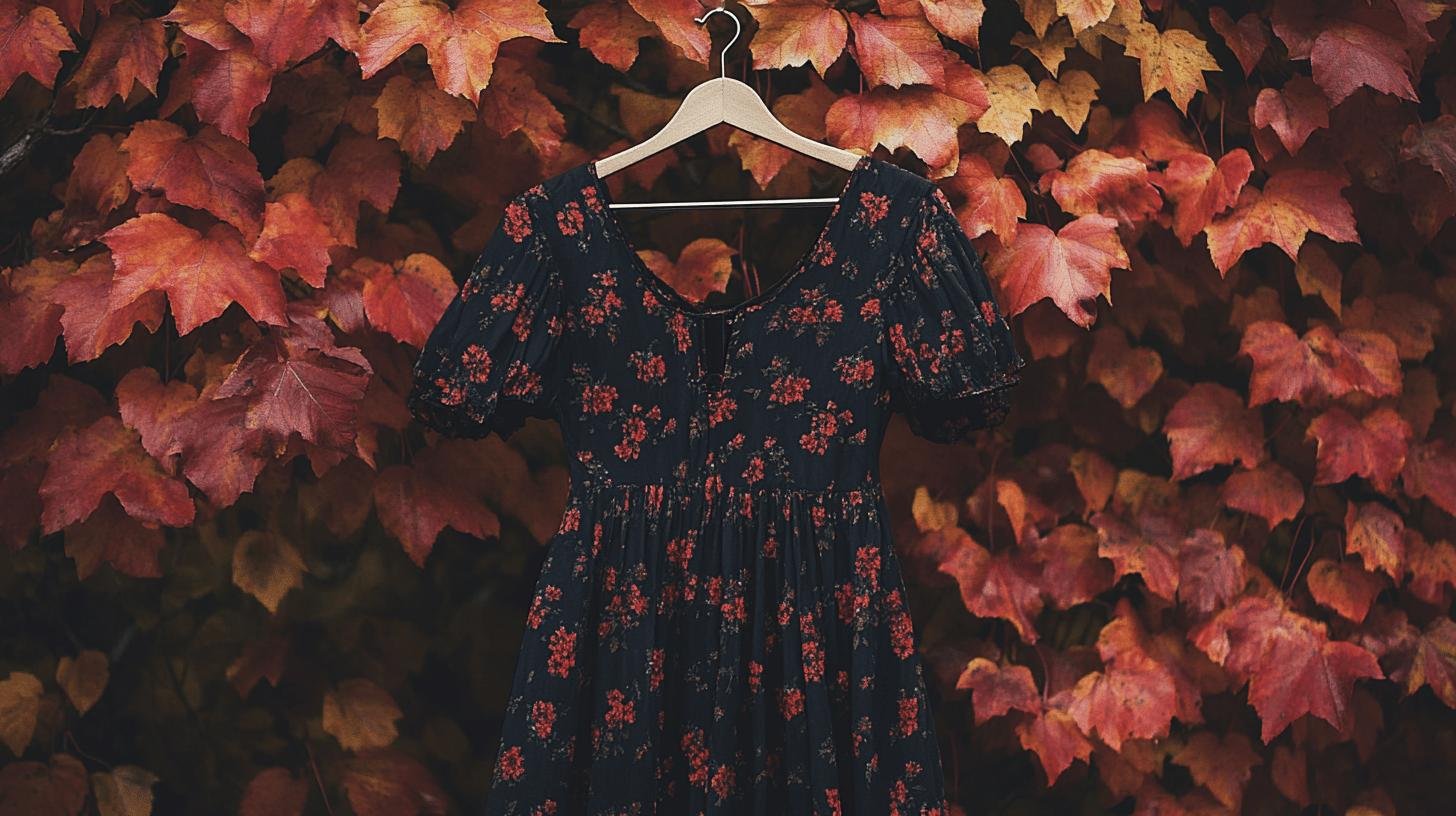 Floral Cheap Modest Dress on a hanger, set against a background of vibrant autumn leaves. Cheap Modest Dresses.