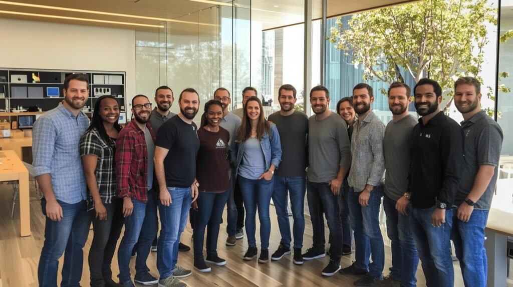 a group of people posing for a photo - Apple giving back