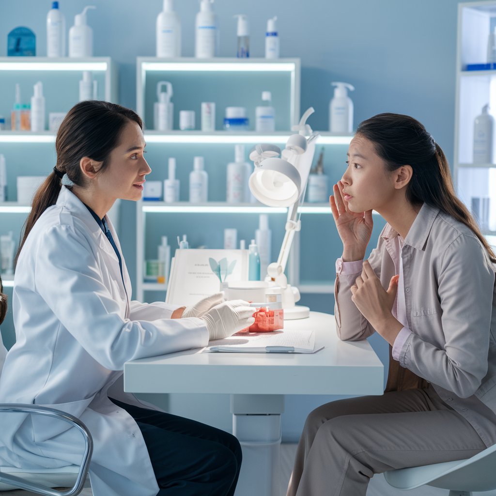 A dermatologist consulting a patient at a Skin Care Clinic, discussing treatment options.