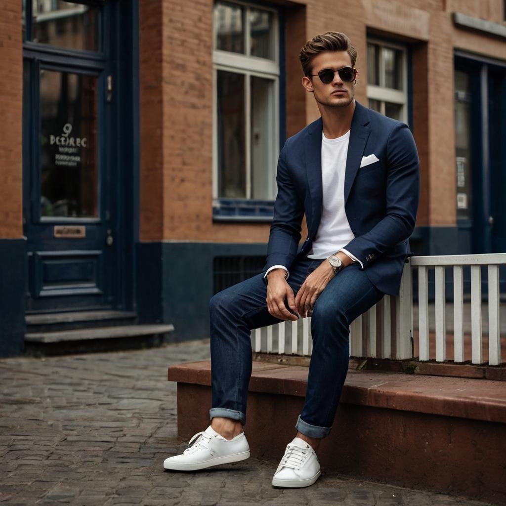 Casually dressed man lounging on an urban patio, exuding style and comfort.