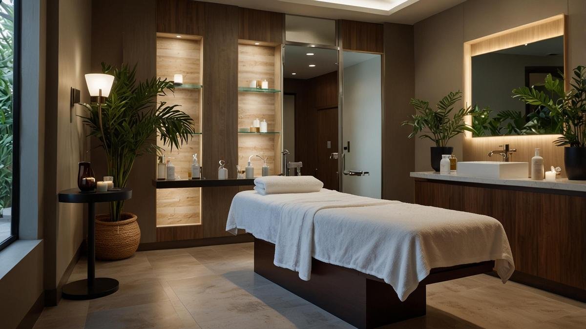 A serene skincare clinic with a smiling esthetician applying a facial mask on a client.