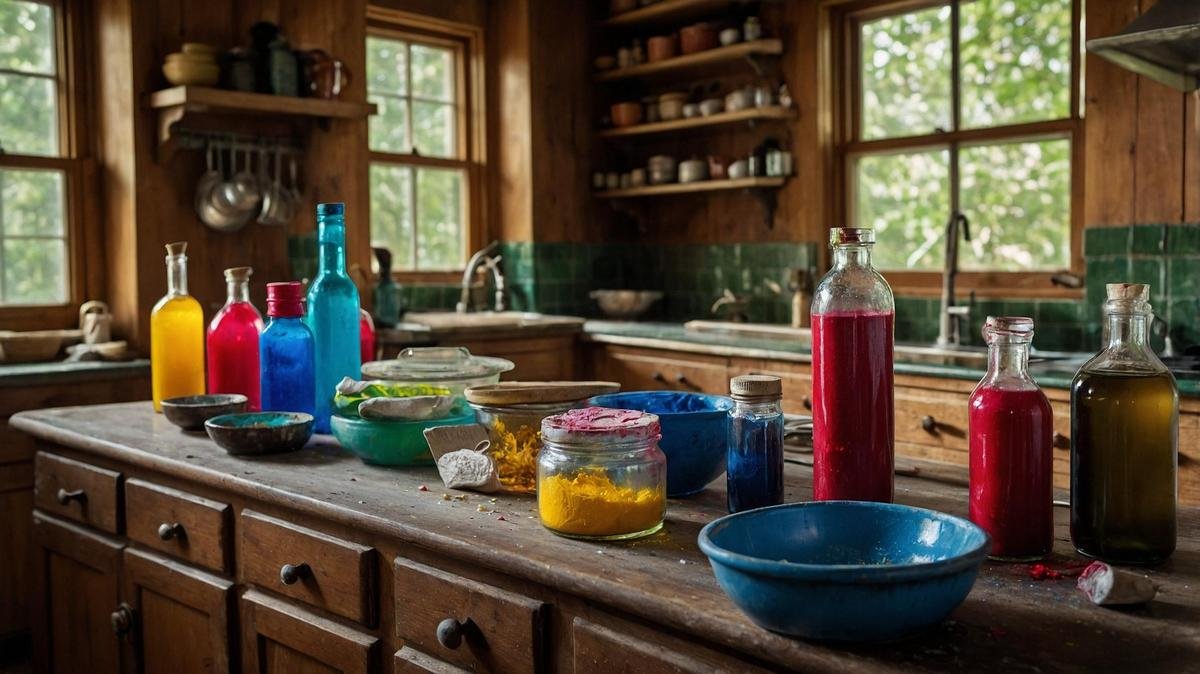 Close-up of vibrant food coloring bottles on a rustic kitchen counter.