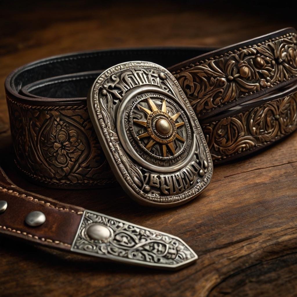 An artistic display of diverse men's belt buckles on a rustic wooden table.