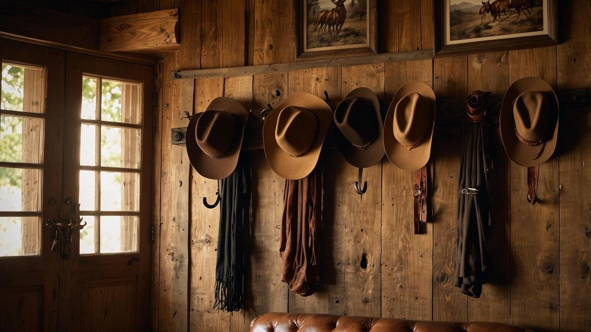 Rustic cowboy hat rack displaying vibrant hats in a warm, inviting living room.