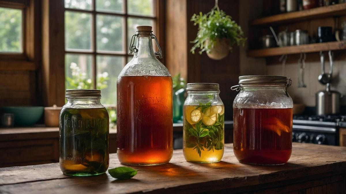 Rustic kitchen countertop with colorful kombucha bottles and brewing supplies in sunlight.