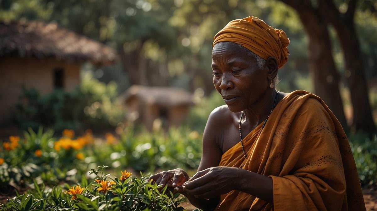 Elderly healer tending medicinal herbs in vibrant traditional garden at dawn, showcasing holistic health.