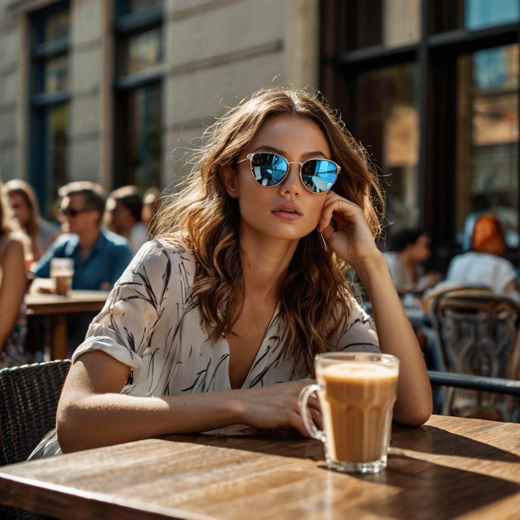 A stylish young woman in clip-on sunglasses enjoys a drink at an outdoor café.