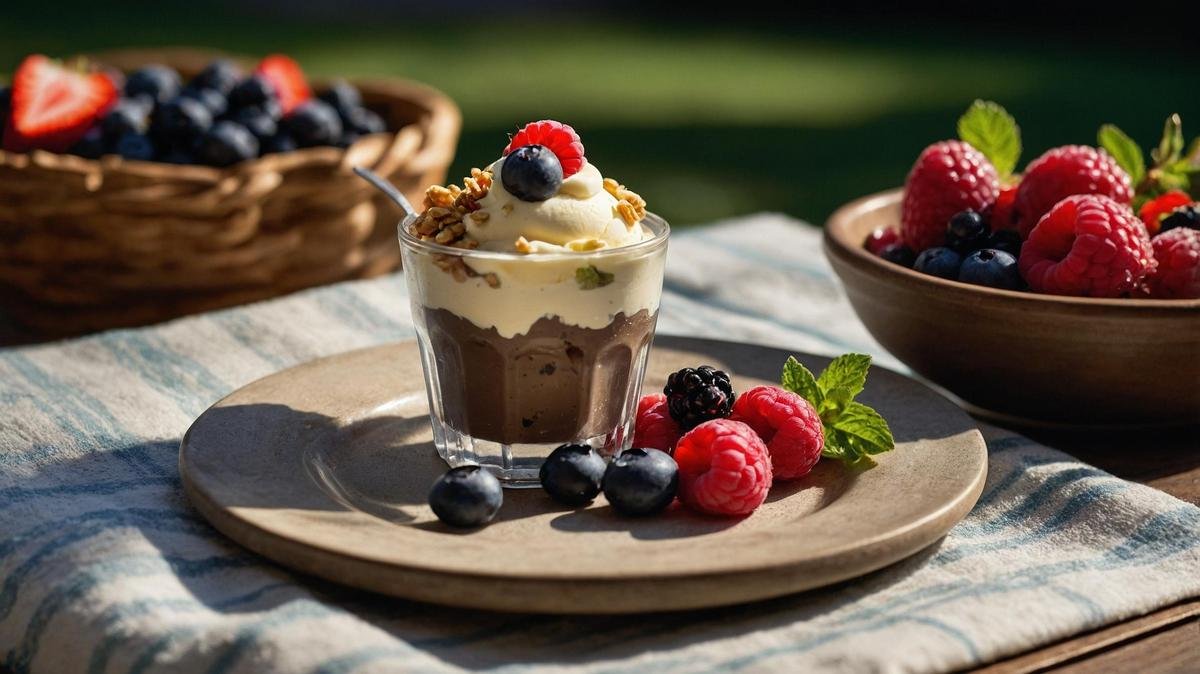 Delectable Greek yogurt ice cream bar on a vibrant picnic blanket, surrounded by fresh berries.