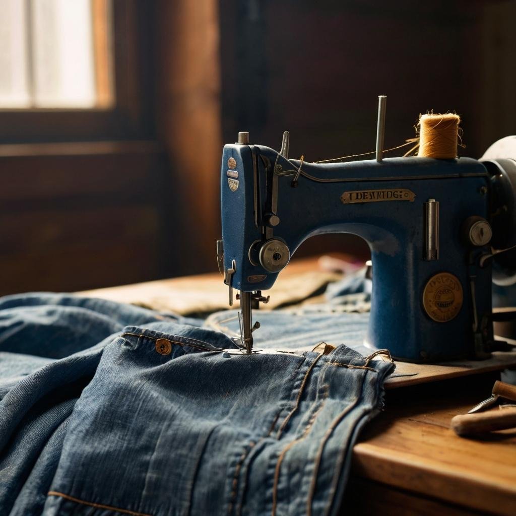 Skilled tailor repairing denim jeans at vintage sewing table with warm natural light.