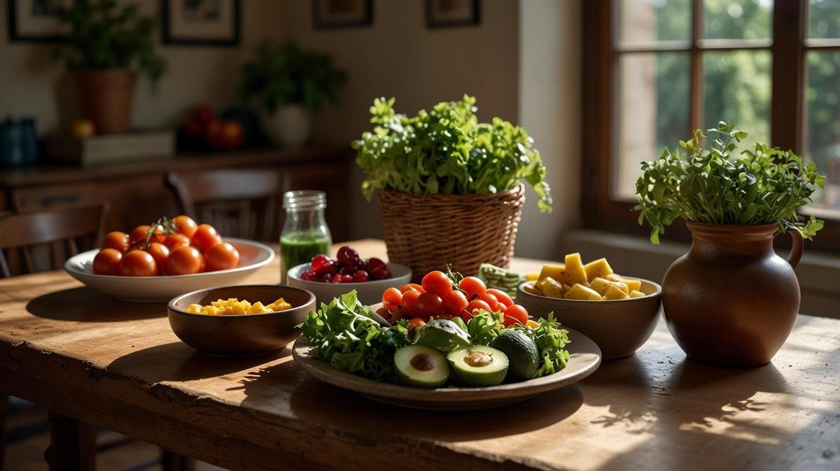 Sunlit kitchen showcasing colorful fruits, vegetables, and a vibrant quinoa salad on a wooden table- healthy eating motivation