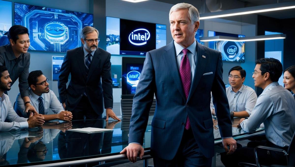 Hyperrealistic portrait of Pat Gelsinger in a high-tech office, exuding leadership and innovation.