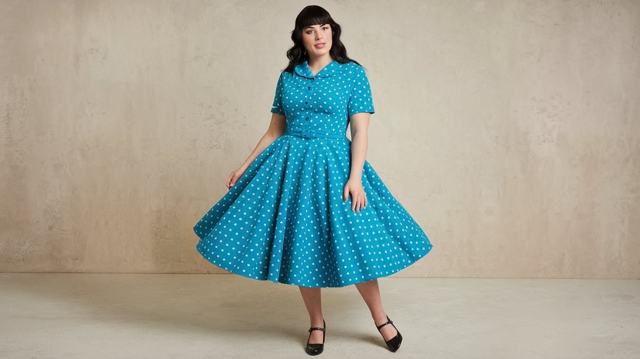 Affordable Plus Size Vintage Dresses: A woman in a stylish teal polka-dot vintage dress with a flattering full skirt, embodying classic elegance.