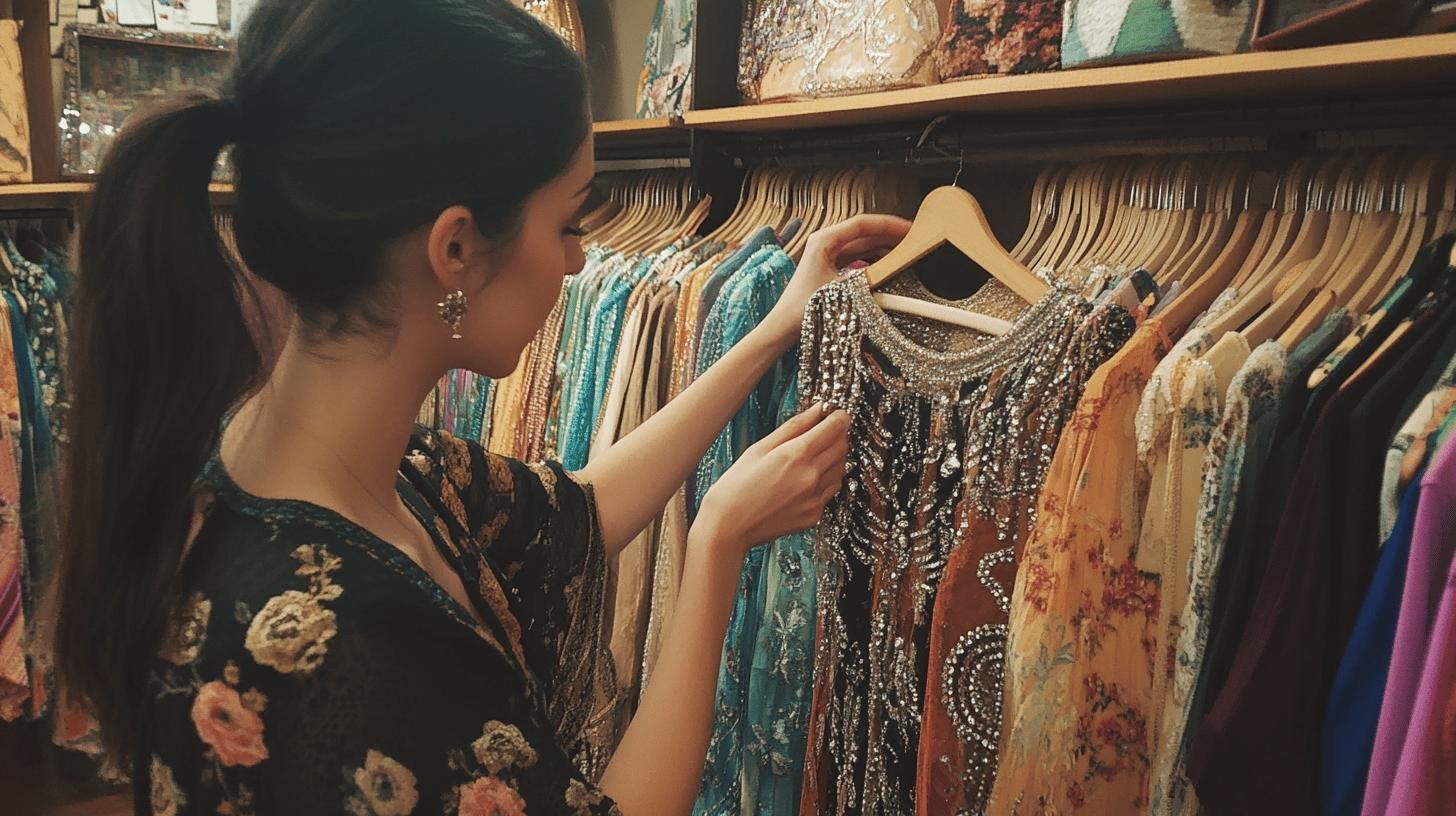 A woman in a floral blouse carefully examines a beaded vintage dress hanging on a rack in a boutique.