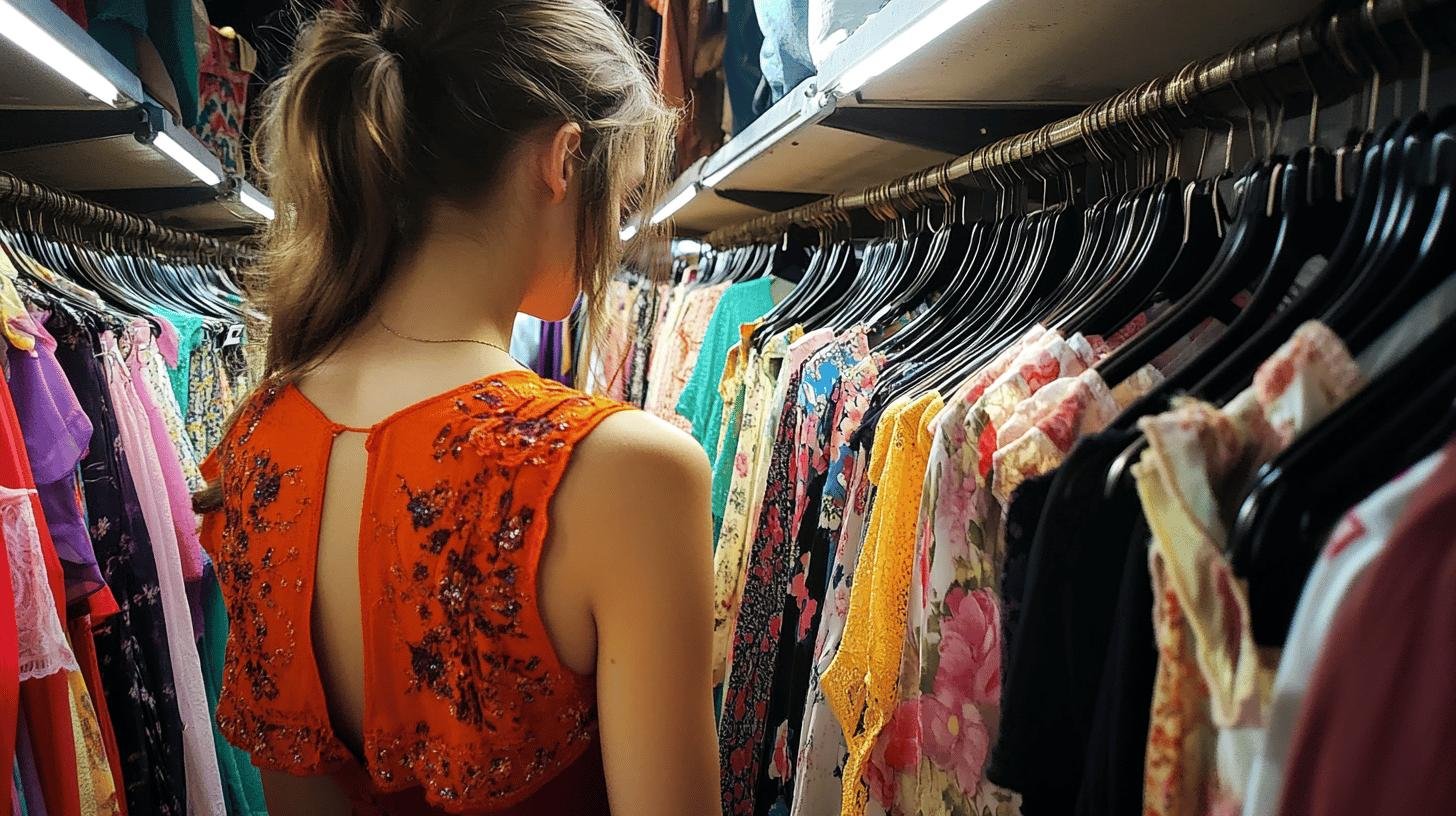 A woman browsing through a rack of Cheap Modest Dresses in a clothing store.