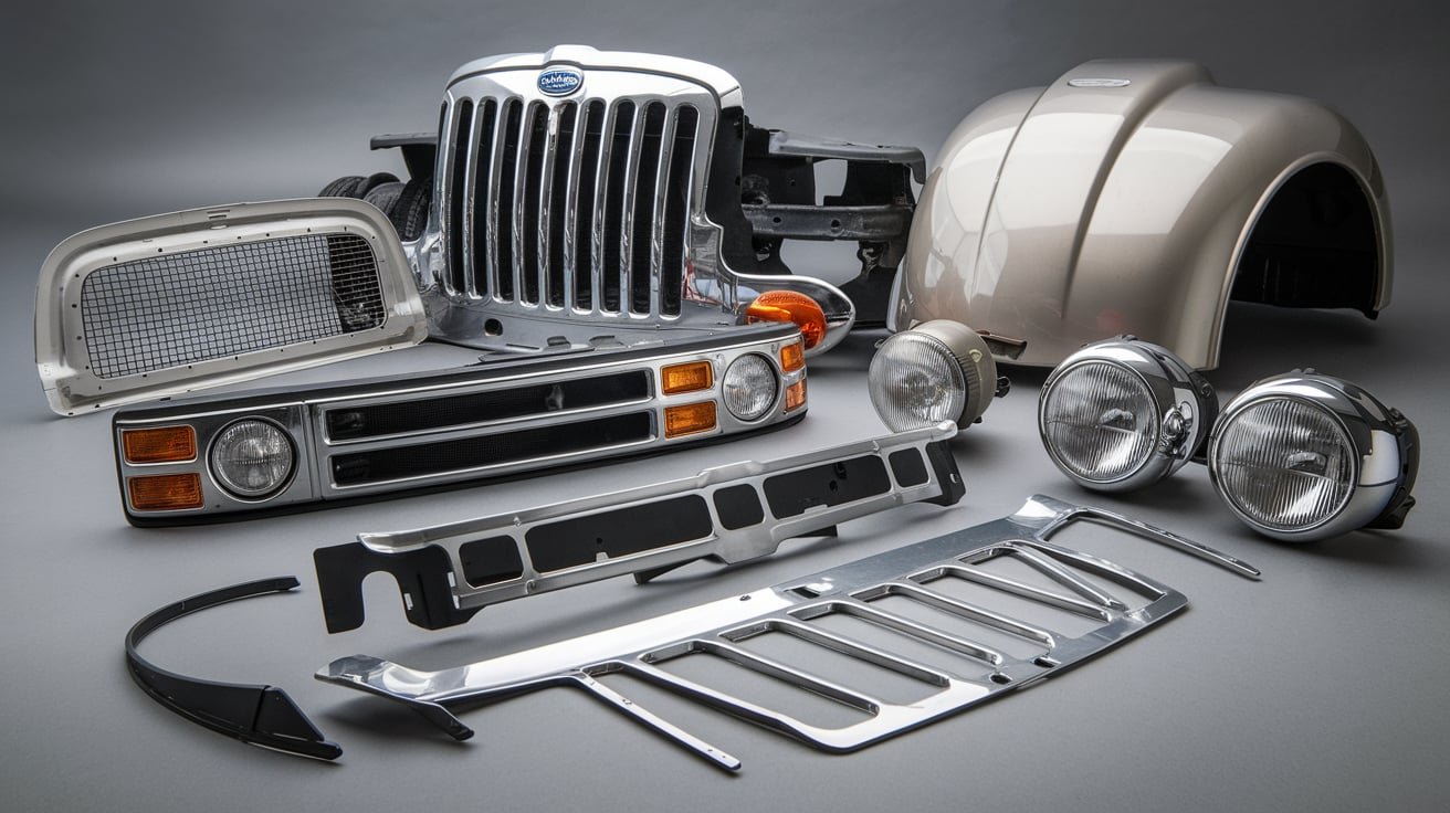 A display of American truck parts, including grilles, headlights, bumpers, and fenders.