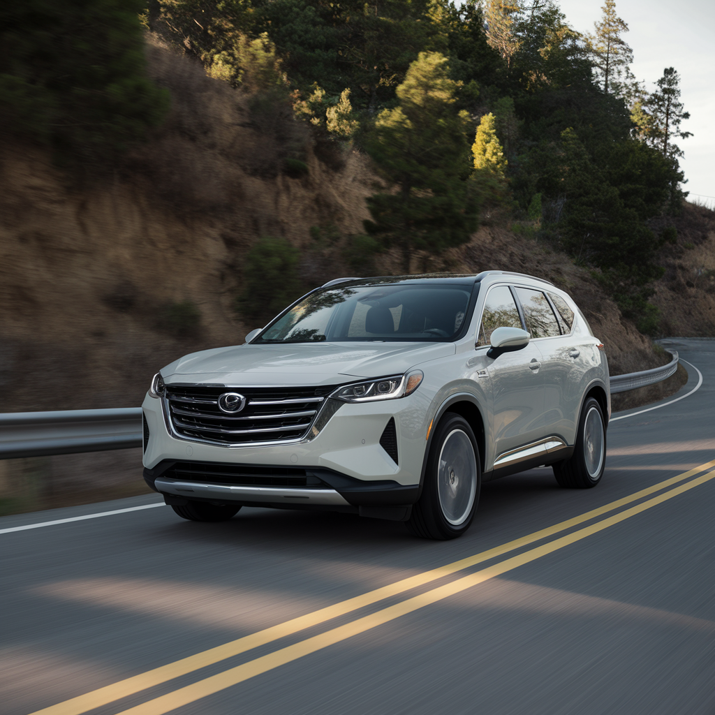 White SUV driving on a winding mountain road, highlighting the performance and versatility of All Wheel Drive Hybrid Vehicles.