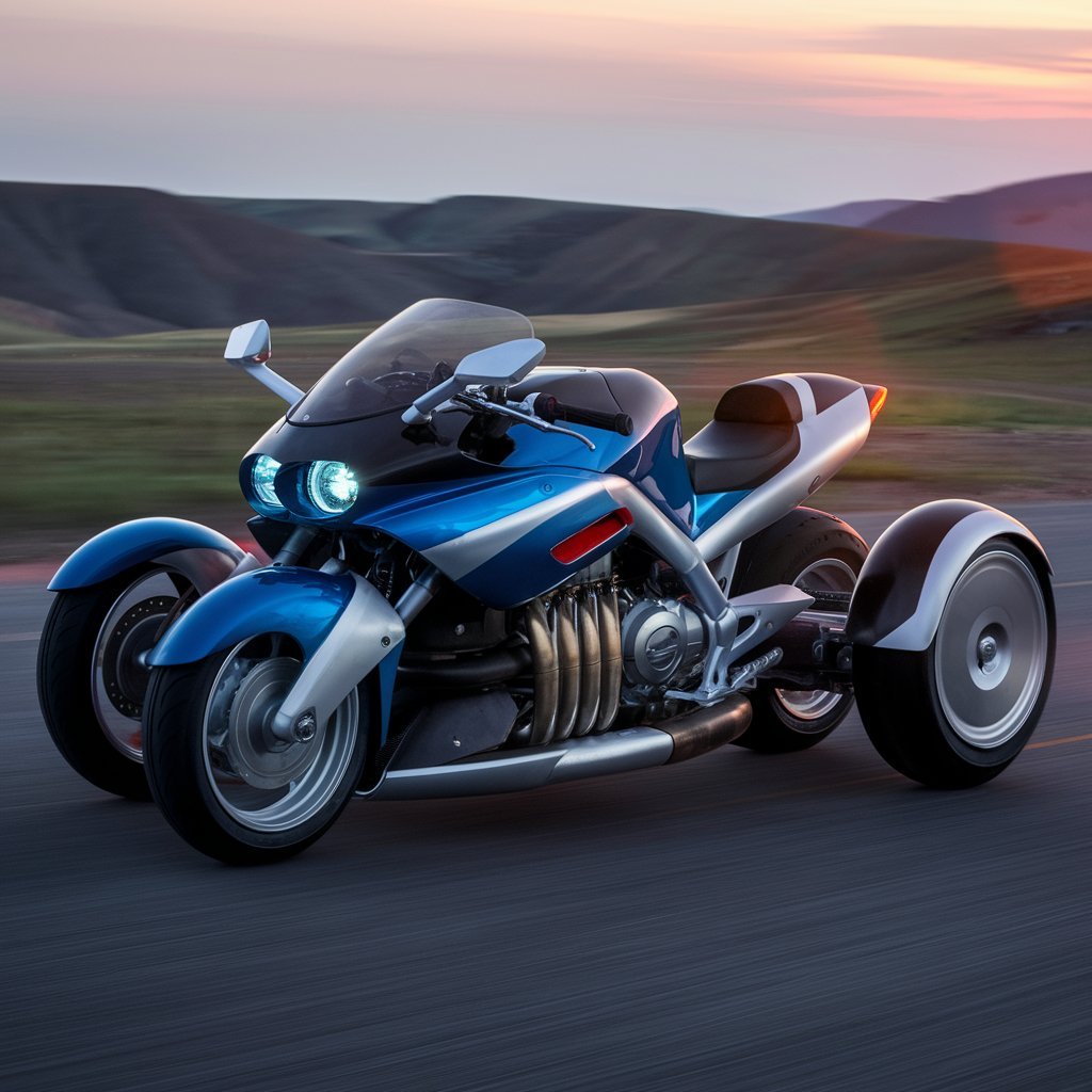 Dynamic shot of a blue 3-wheel motorcycle speeding along a scenic road at sunset.