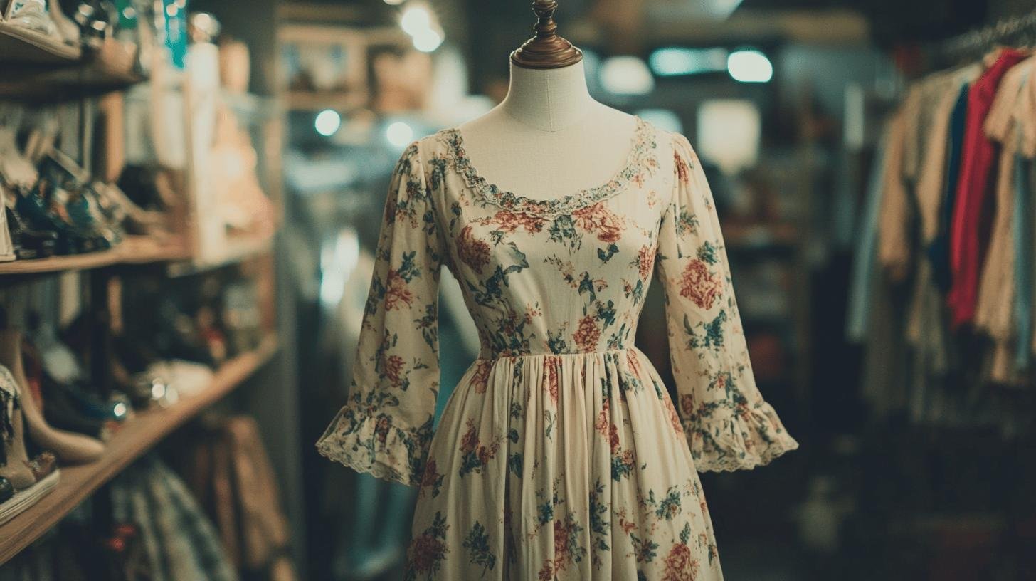 Vintage-style modest floral dress on a mannequin in a cozy boutique setting. Modest Floral Dresses for special occasions.