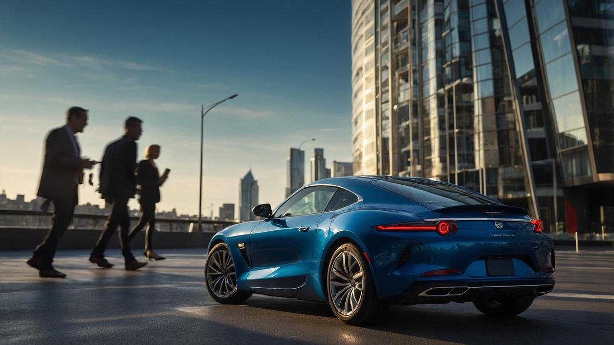 Luxury off-lease car in urban setting with potential buyers admiring its elegance.