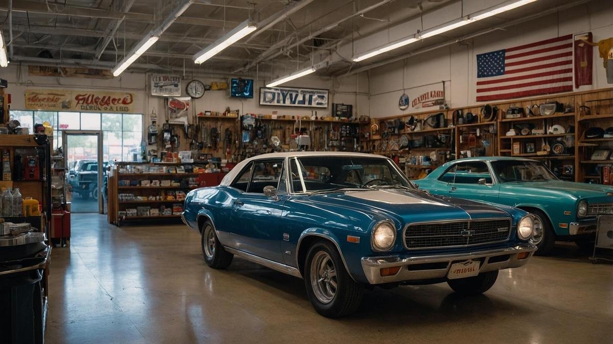 A bustling Texas auto parts store filled with organized car components and engaged customers.