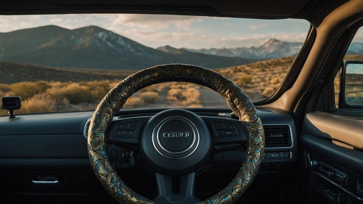 Stylish leather steering wheel cover in rugged truck against stunning mountain highway backdrop.
