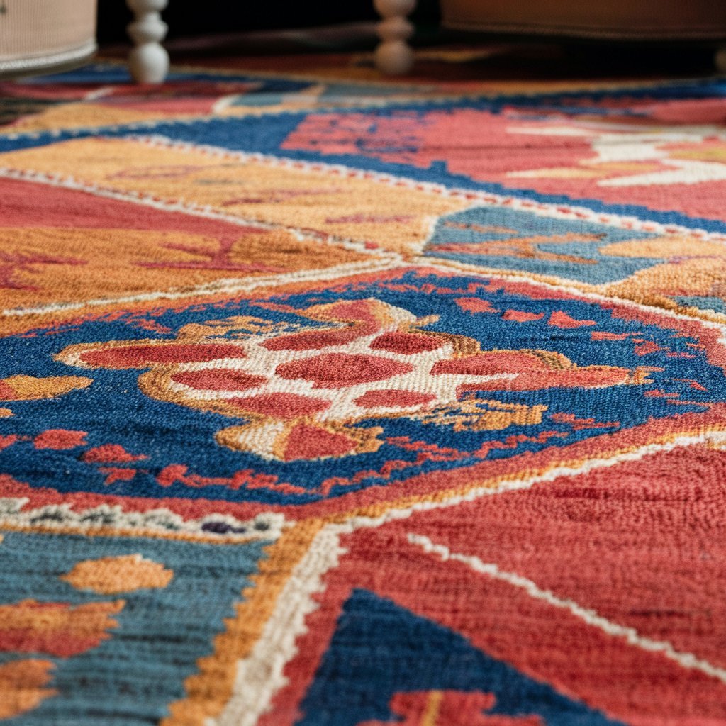 Close-up of a vibrant, patterned American made rug showcasing intricate designs in red, blue, and yellow tones.