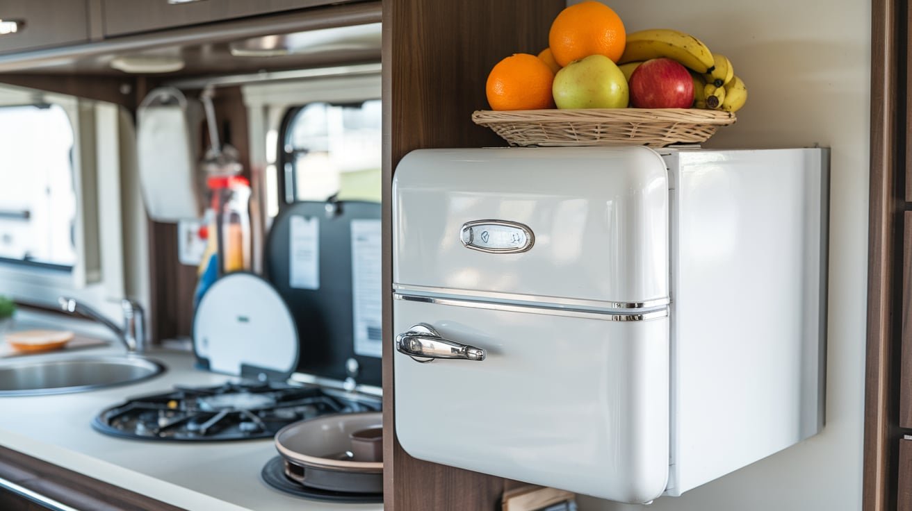 A compact Recreational Vehicle Refrigerator installed in an RV kitchen, with a basket of fresh fruit placed on top.