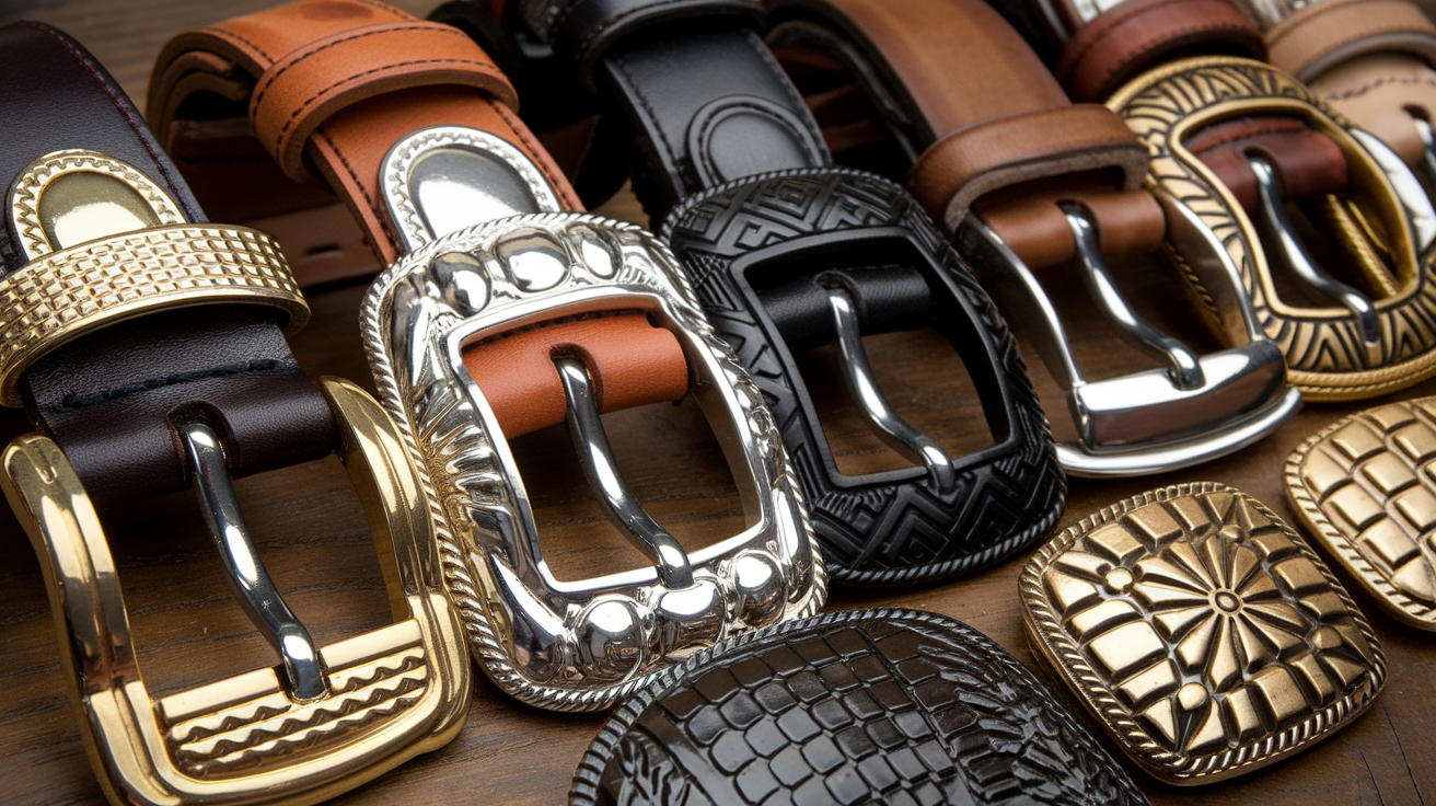 A selection of belt buckles for men featuring various designs and finishes.