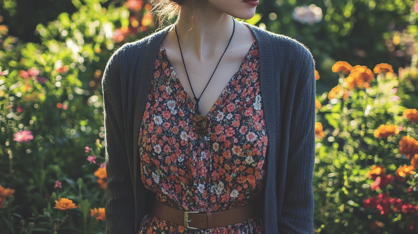 Close-up of a person wearing a modest floral dress with a cardigan in a garden setting. Modest Floral Dresses for Any Occasions.