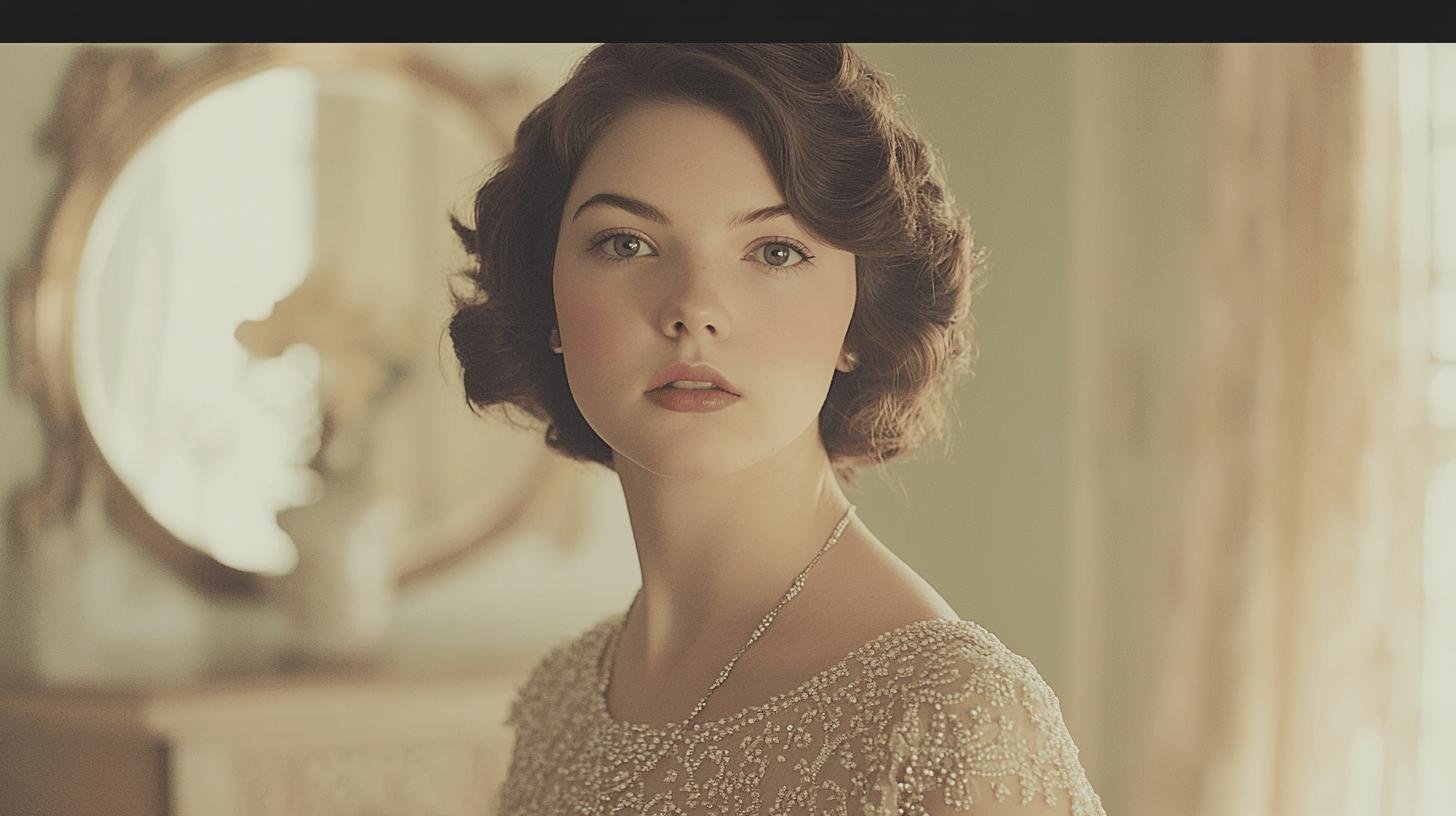 A woman with short wavy hair and soft makeup gazes into the distance, wearing a beaded vintage dress in an elegant, softly lit room.