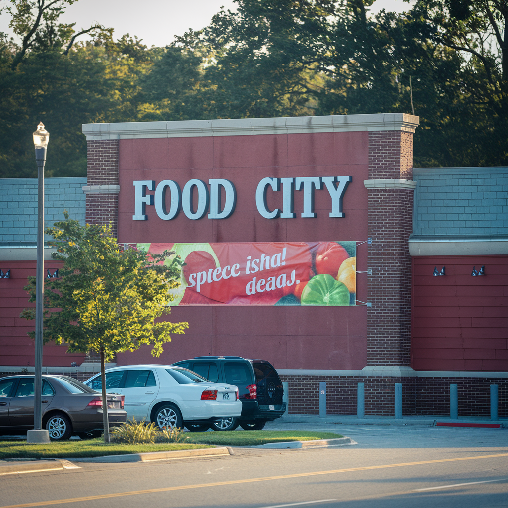 Exterior of a Food City store with a banner promoting upcoming deals, relevant to the Food City Ad Next Week