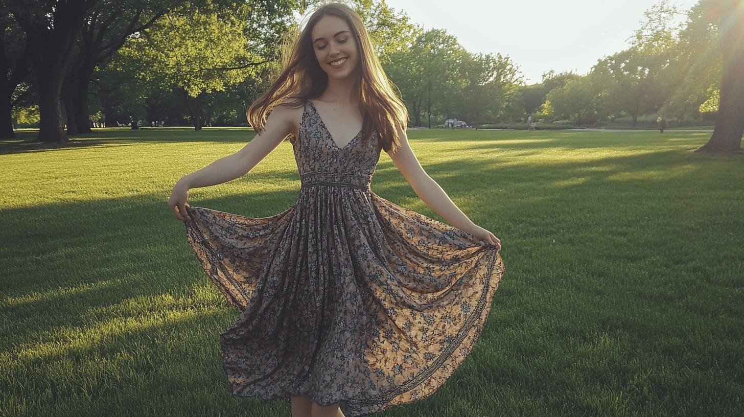 Young woman smiling and twirling in a floral Cheap Modest Dress in a sunlit park. Cheap Modest Dresses.