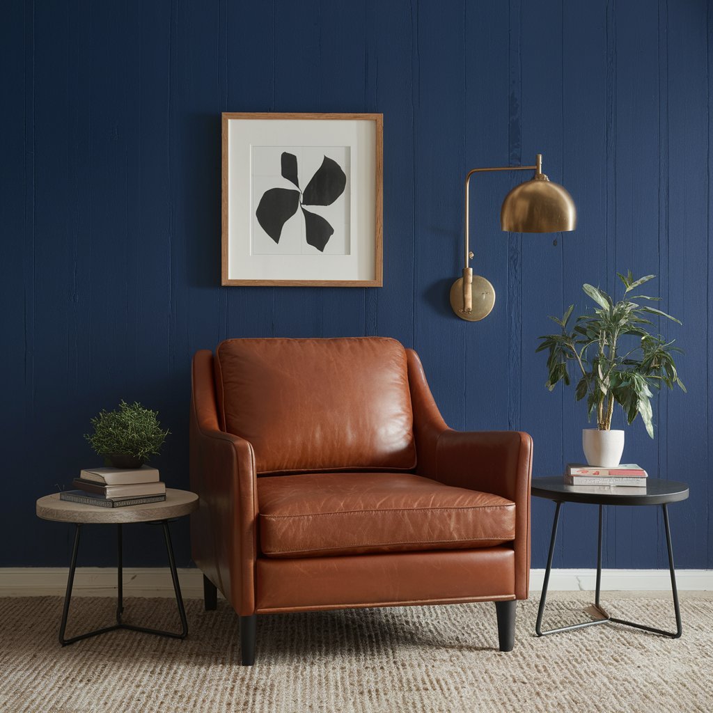 A modern leather armchair in a stylish living room setting with a dark blue wall. Perfect inspiration on how to repair leather furniture at home.