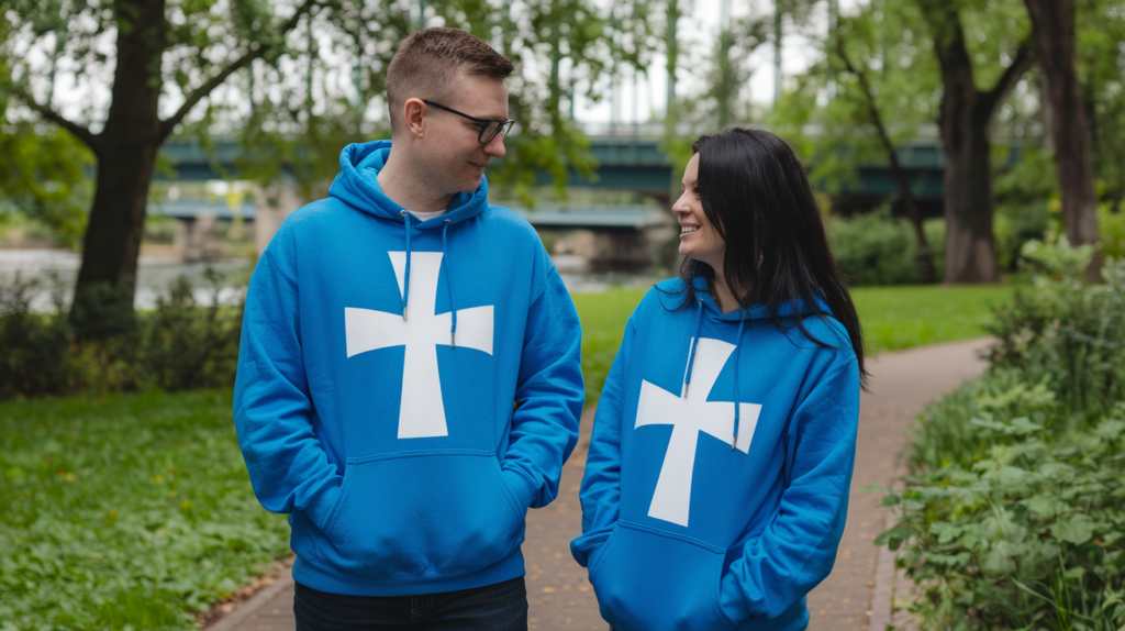 man and woman wearing [active faith apparel]