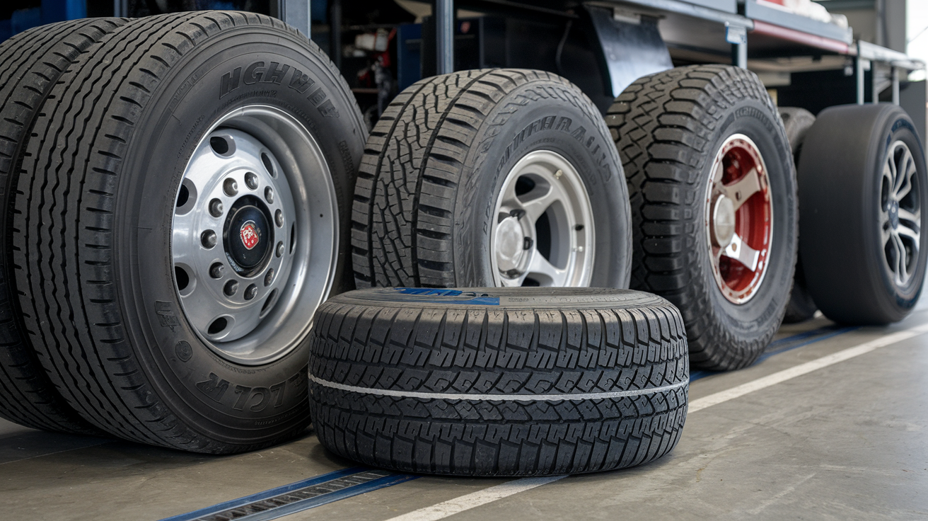 A lineup of various American truck parts, specifically different types of tires and rims, highlighting the diversity in wheel options for heavy-duty trucks.