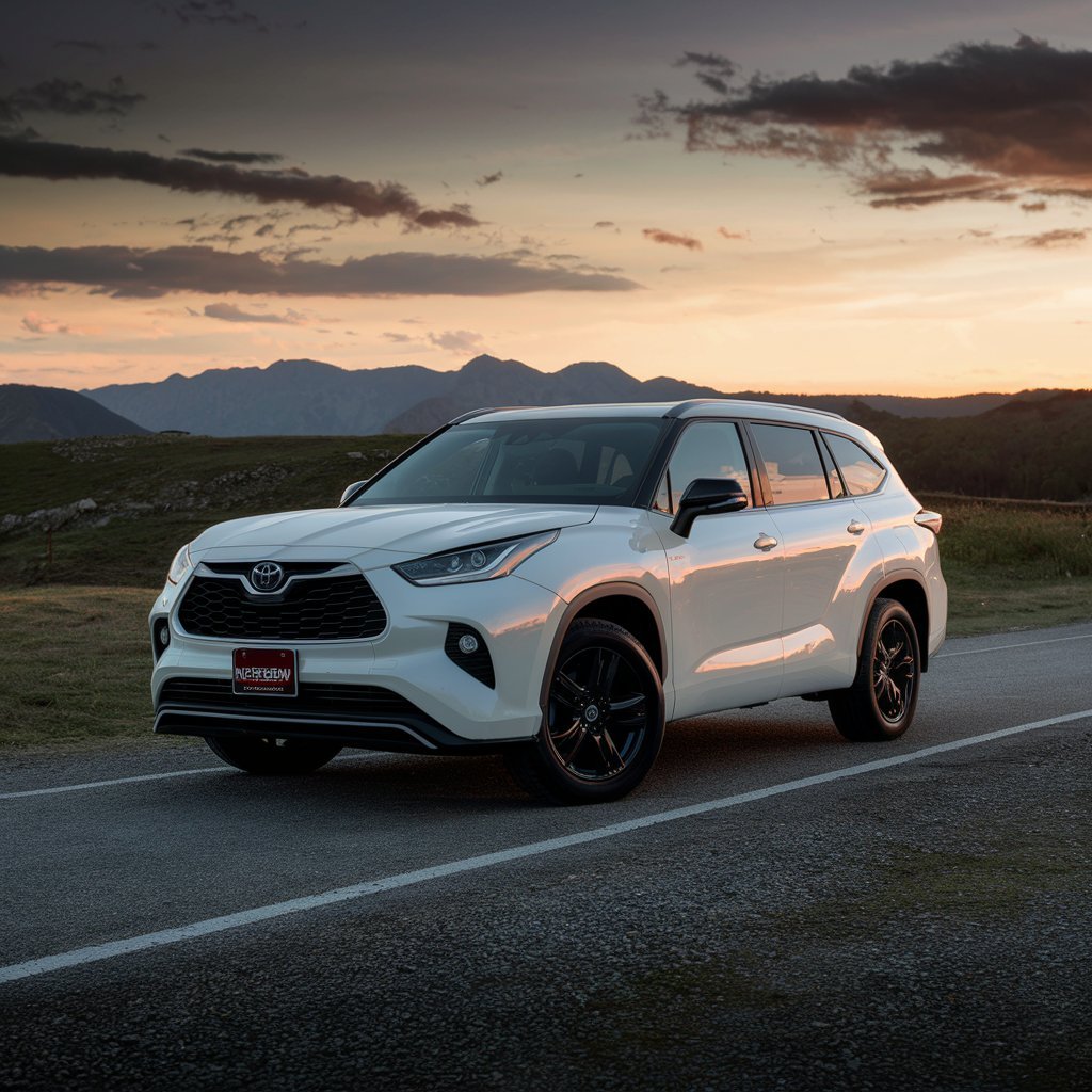 A white Toyota SUV, a 7 passenger vehicle, parked on a scenic road at sunset with mountains in the background.