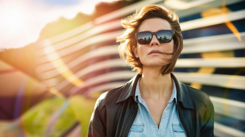 woman wearing [clip-on sunglasses]