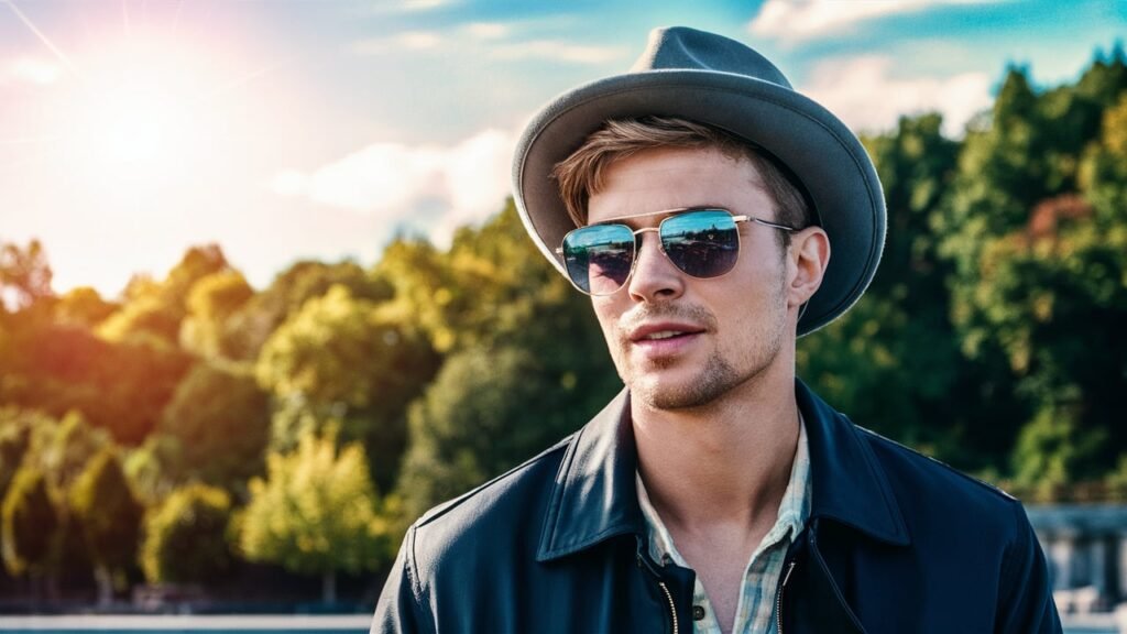 man wearing [clip-on sunglasses]