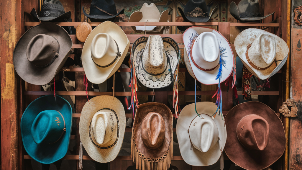 Different cowboy hats [cowboy hat rack]