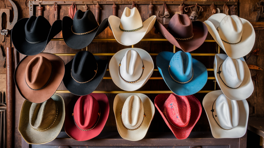 Different cowboy hats [cowboy hat rack]