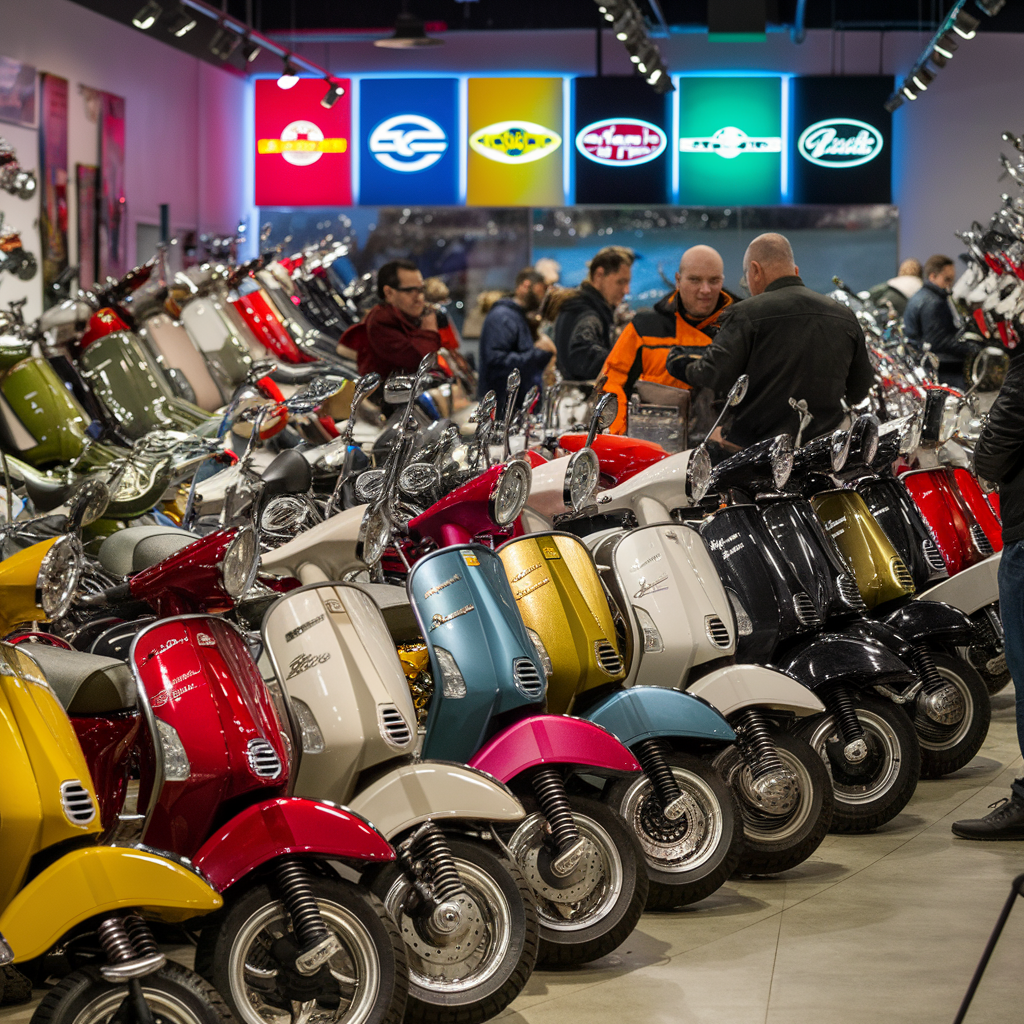 A colorful array of scooters on display in a dealership, with people browsing and discussing options, showcasing some of the Best Gas Scooters for Adults.