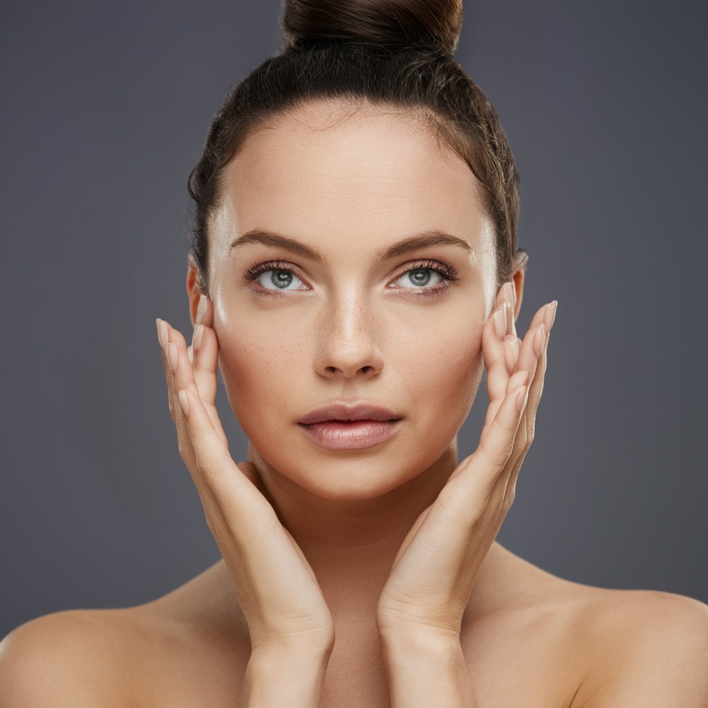 A woman gently touching her face, showcasing clear and smooth skin, symbolizing the results of treatments at a Skin Care Clinic.