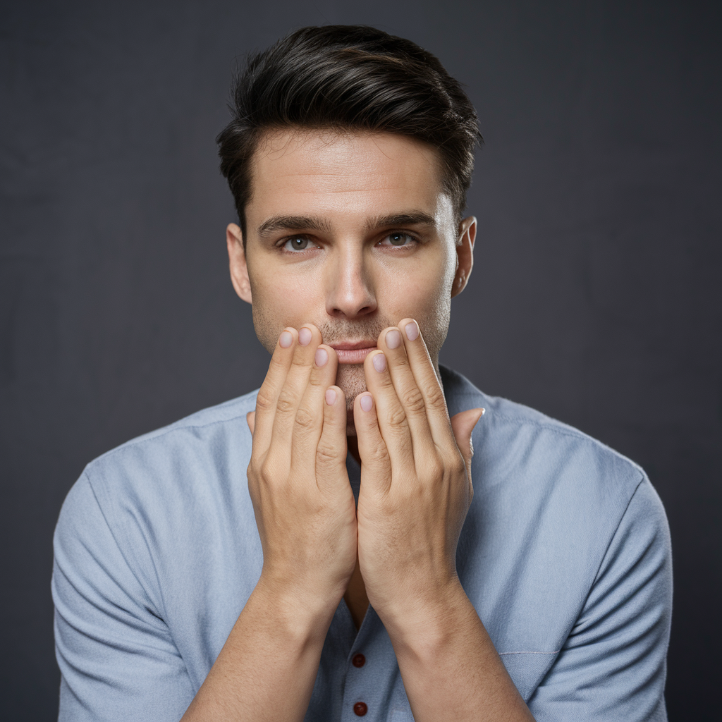 A man covers his mouth with his hands after a relaxing treatment at a nail care spa.