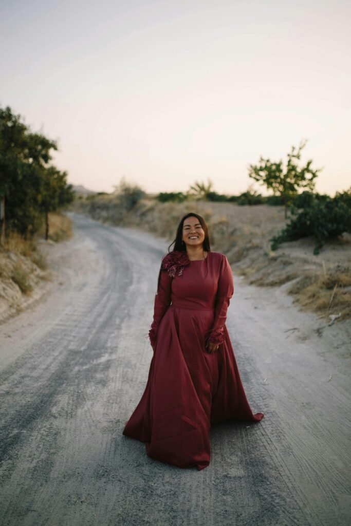 woman wearing [modest formal dress]